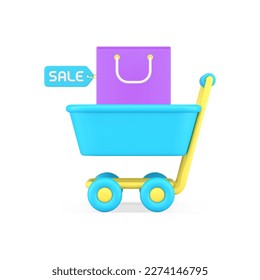 Shopping bag sale tag supermarket trolley cart retail discount commercial merchandise 3d icon realistic vector illustration. Store shop special offer price off Black Friday clearance financial ad