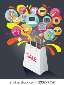 Shopping Bag with Sale Text and Various Icons