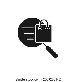 Bolsa de compras con el icono de búsqueda Diseño vector. Icono de la bolsa de compras con concepto de diseño de búsqueda para comercio electrónico, tienda online y sitio web de mercado, móvil, logotipo, símbolo, botón, signo, interfaz de usuario de la aplicación