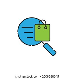 Einkaufstasche mit Suchsymbol Vector Design. Shopping Bag Symbol mit Suchkonzept für E-Commerce, Online-Shop und Marktplatz Website, Mobile, Logo, Symbol, Button, Zeichen, App UI