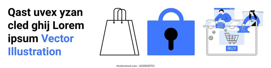 Saco de compras, trava de segurança e conceito de check-out on-line com compradores. Ideal para e-commerce, segurança cibernética, varejo on-line, banners de sites, marketing digital, fintech e temas de proteção ao consumidor