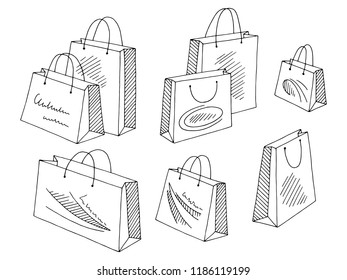 Shopping bag set graphic black white isolated sketch illustration vector