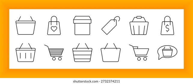 Shopping bag set icon. Baskets, trolleys, gift boxes, heart symbols, price tags, and chat bubbles outlined to show consumer items, retail tools, and cart-based purchasing activities.