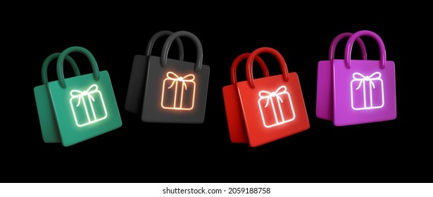 Shopping bag set realistic 3d design. Stylish fashionable bag isolated on black background. Colored collection. Vector illustration