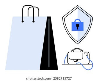 Shopping bag, shield with lock, and briefcase. Ideal for online shopping, cybersecurity, e-commerce, data protection, digital security, business, and finance. Line metaphor