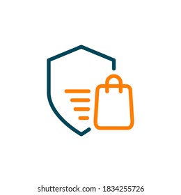 Shopping bag with shield. Secure purchase icon concept isolated on white background. Vector illustration