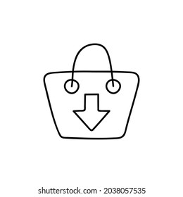 Bolsa de compras Ver abajo Icono de flecha de movimiento en estilo de línea negra plana, aislado en fondo blanco 