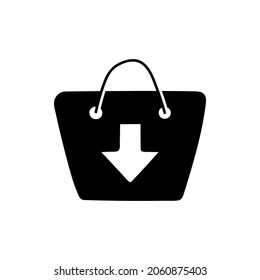 Shopping Bag Shop Down Move Arrow icon  in solid black flat shape glyph icon, isolated on white background 