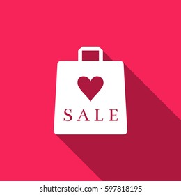 Shopping bag shop love like heart icon with an inscription sale flat icon with long shadow. Vector Illustration