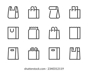 Shopping bag and Shopper variations vector line icons. Paper market pack and Grocery handbag outline icon set.