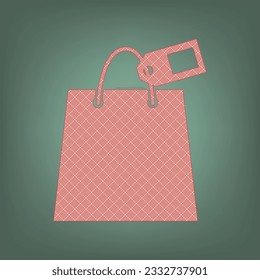 Shopping bag sign with tag. Apricot Icon with Brick Red parquet floor graphic pattern on a Ebony background. Feldgrau. Green. Illustration.