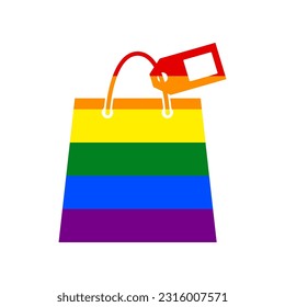 Shopping bag sign with tag. Rainbow gay LGBT rights colored Icon at white Background. Illustration.