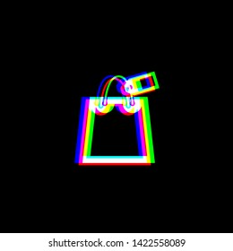 Shopping bag sign with tag. Red, green and blue unfocused contour icon at black background. Illustration.