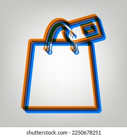 Shopping bag sign with tag. Stroked Icon in orange, azure and old lavender Colors at gray Background. Illustration.
