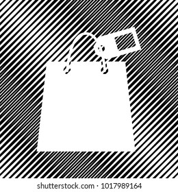 Shopping bag sign with tag. Vector. Icon. Hole in moire background.