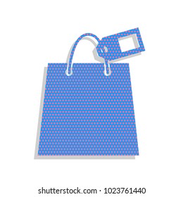 Shopping bag sign with tag. Vector. Neon blue icon with cyclamen polka dots pattern with light gray shadow on white background. Isolated.