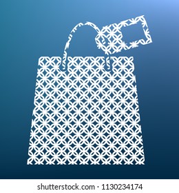 Shopping bag sign with tag. Vector. White textured icon at lapis lazuli gradient background.