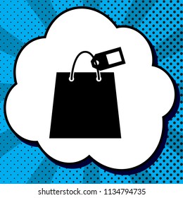 Shopping bag sign with tag. Vector. Black icon in bubble on blue pop-art background with rays.