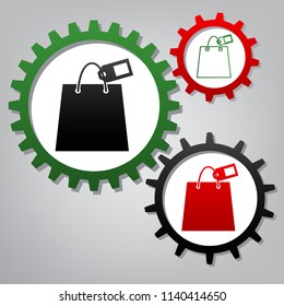 Shopping bag sign with tag. Vector. Three connected gears with icons at grayish background.