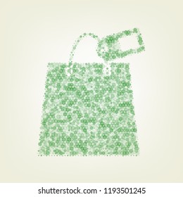 Shopping bag sign with tag. Vector. Green hexagon rastered icon and noised opacity and size at light green background with central light.