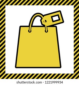 Shopping bag sign with tag. Vector. Warm yellow icon with black contour in frame named as under construction at white background. Isolated.
