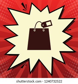 Shopping bag sign with tag. Vector. Dark red icon in lemon chiffon shutter bubble at red popart background with rays.