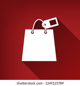 Shopping bag sign with tag. Vector. White icon with limitless shadow at ruby red background.