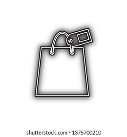 Shopping bag sign with tag. Vector. Double contour black icon with soft shadow at white background. Isolated.