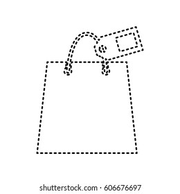 Shopping bag sign with tag. Vector. Black dashed icon on white background. Isolated.