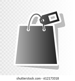 Shopping bag sign with tag. Vector. New year blackish icon on transparent background with transition.