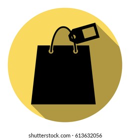 Shopping bag sign with tag. Vector. Flat black icon with flat shadow on royal yellow circle with white background. Isolated.