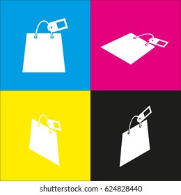Shopping bag sign with tag. Vector. White icon with isometric projections on cyan, magenta, yellow and black backgrounds.