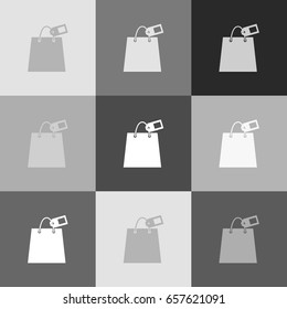 Shopping bag sign with tag. Vector. Grayscale version of Popart-style icon.