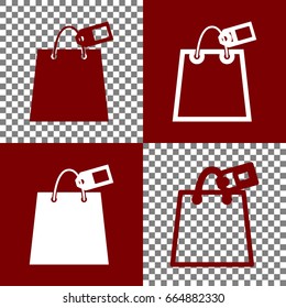 Shopping bag sign with tag. Vector. Bordo and white icons and line icons on chess board with transparent background.
