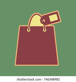 Shopping bag sign with tag. Vector. Cordovan icon and mellow apricot halo with light khaki filled space at russian green background.