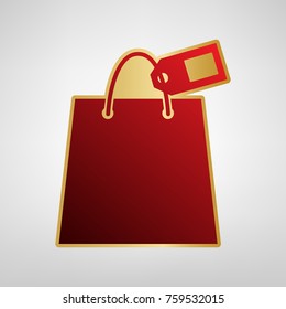 Shopping bag sign with tag. Vector. Red icon on gold sticker at light gray background.