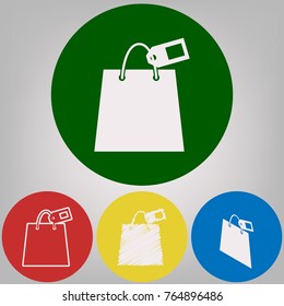 Shopping bag sign with tag. Vector. 4 white styles of icon at 4 colored circles on light gray background.