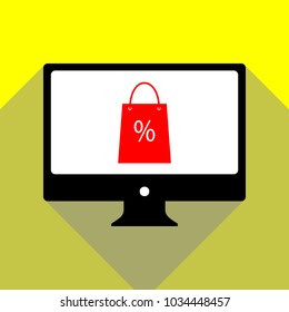 Shopping bag sign. Vector. Red icon on white monitor of black all-in-one desktop computer with two shadows at yellow background.