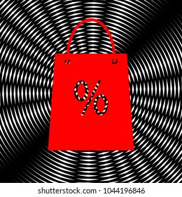 Shopping bag sign. Vector. Red icon on white and black radial interference as background.