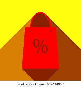 Shopping bag sign. Vector. Red icon with two flat reddish shadows on yellow background.