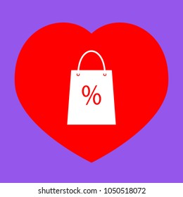 Shopping bag sign. Vector. White icon in red heart at lavender background.