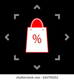 Shopping bag sign. Vector. White icon in gray focus like mandala on black background.