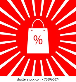 Shopping bag sign. Vector. White icon on red sun with rays as background. Isolated.
