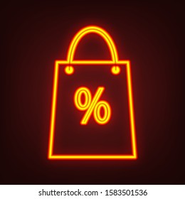 Shopping bag sign. Yellow, orange, red neon icon at dark reddish background. Illumination. Illustration.