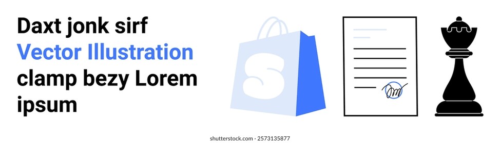 Shopping bag and signed document alongside a black chess piece. Ideal for business negotiation, e-commerce, decision-making, strategy, and legal documents. Landing page