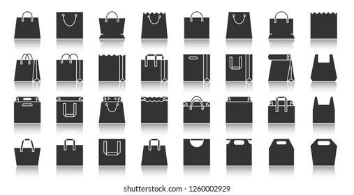 Shopping Bag silhouette icons set. Monochrome web sign kit of package. Sale pictogram collection includes paper packet, handle, gift. Simple vector black symbol. Packaging shape icon with reflection