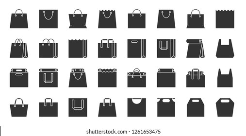 Shopping Bag silhouette icons set. Web sign kit of package. Sale pictogram collection includes pouch, merchandise, market. Simple plastic handbag black symbol on white. Vector Icon shape for stamp