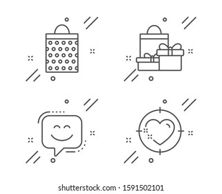 Shopping bag, Shopping and Smile face line icons set. Heart target sign. Paper package, Holiday packages, Chat. Love aim. Holidays set. Line shopping bag outline icon. Vector