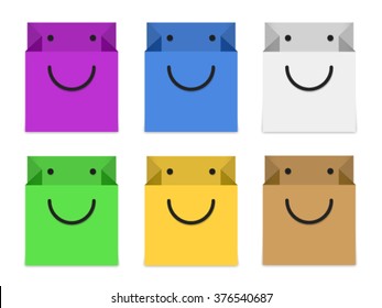 Shopping bag with smile, sale concept, different colors vector icons 