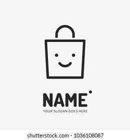 Shopping bag and smiley face. Vector logo design. Business concept icon.